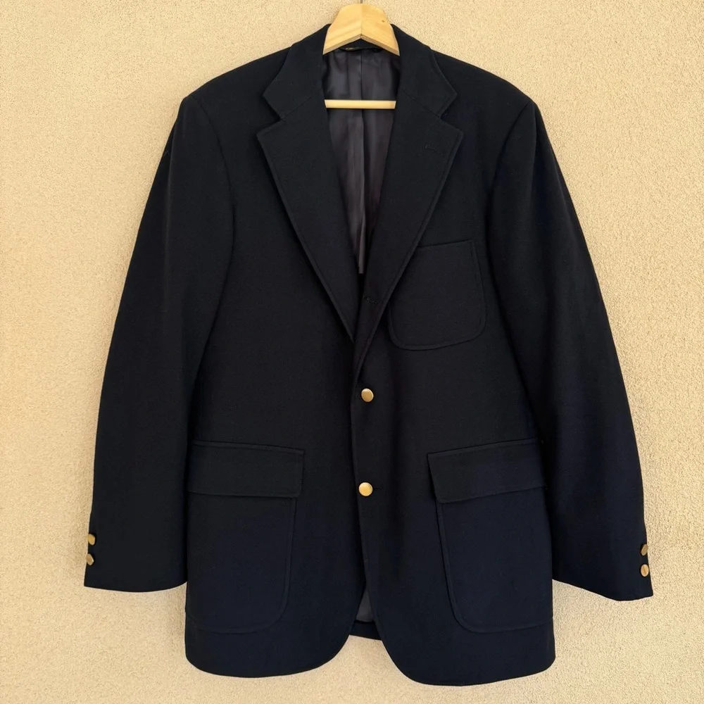 VTG J Press Solid Navy Blue, Wool Flannel Knit, Gold Button Blazer, Made in USA